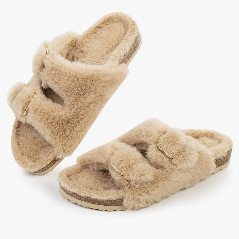 NEW ~ FITORY Women’s Tan/Beige Faux Rabbit Fur Cork Slide Sandals ~ size 8.5